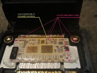 Punkty zaznaczone na czerwono przed lutowaniem miały względem siebie min. oporność. Ale chciałem by masa była pewniejsza i połączyłem je ze sobą: Pin 19, minus kondensatora elektrolitycznego, połączenie z podłożem (radiatorem) i dwa ceramiczne po drugiej 